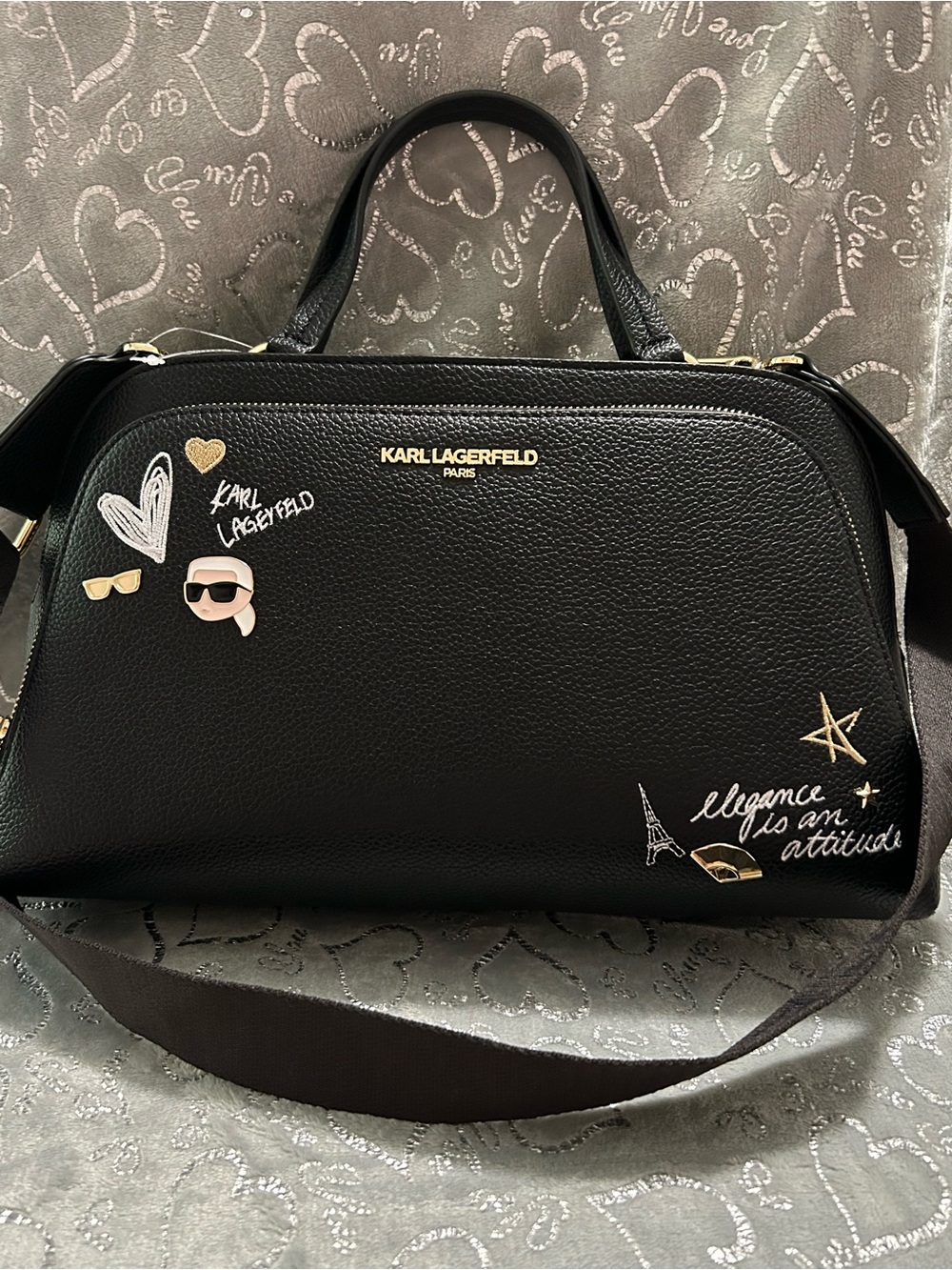 NWT Karl Lagerfeld, Medium, Black, Maybelle Dome, Embellished Pebbled Satchel